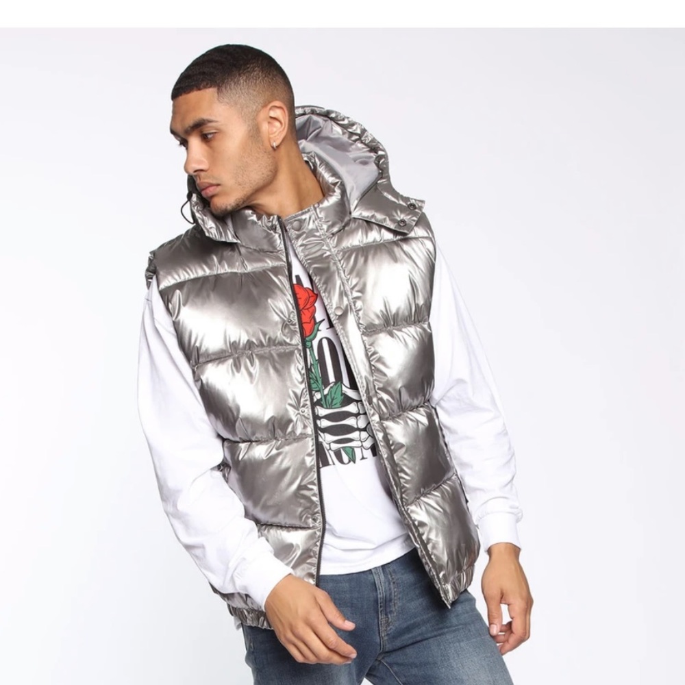 Silver metallic puffer jacket vest